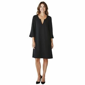 Jude Connally M Black Knit Split V-Neck Shift Dress 3/4 Slit Sleeve USA Classic